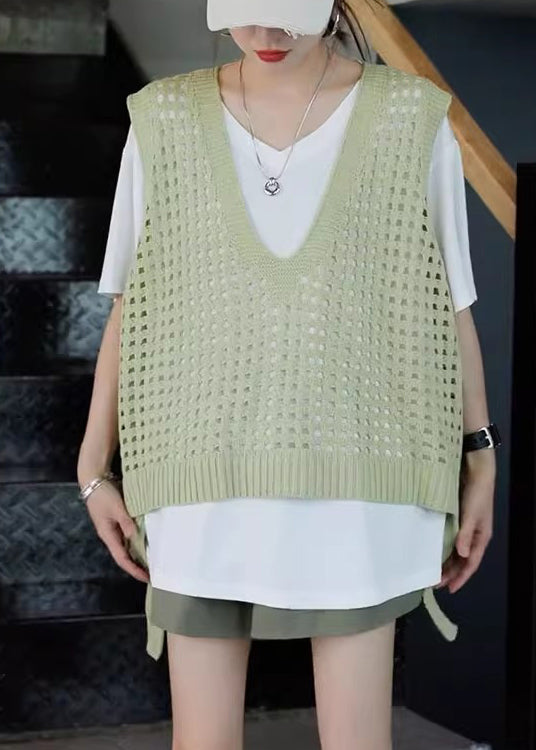 French Blue V Neck Hollow Out Knit Vest Summer