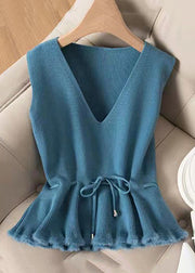 French Blue V Neck Lace Up Knit Vest Sleeveless
