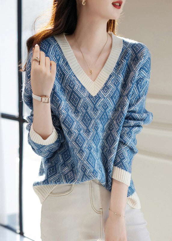 French Blue V Neck Plaid Cozy Knit Sweater Spring