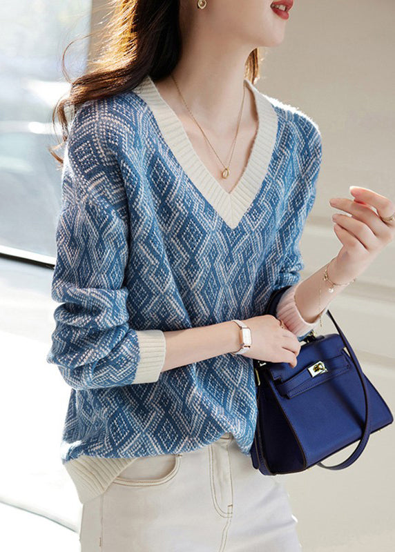 French Blue V Neck Plaid Cozy Knit Sweater Spring