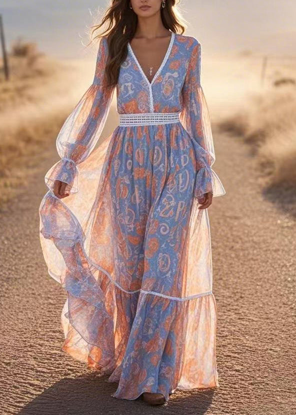 French Blue V Neck Print Chiffon Long Dress Lantern Sleeve