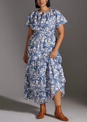 French Blue V Neck Print Cotton Long Dress Summer