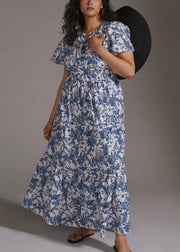 French Blue V Neck Print Cotton Long Dress Summer