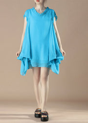 French Blue V Neck Ruffled Patchwork Chiffon Dress Summer