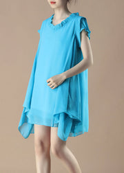 French Blue V Neck Ruffled Patchwork Chiffon Dress Summer