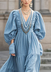 French Blue V Neck Wrinkled Cotton Maxi Dresses Spring