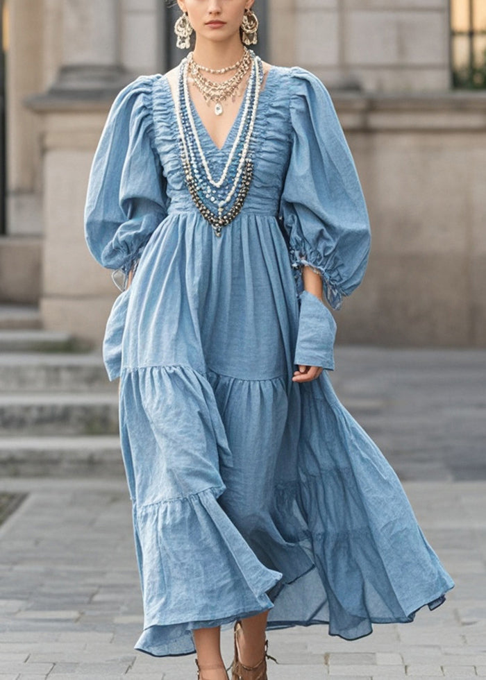 French Blue V Neck Wrinkled Cotton Maxi Dresses Spring