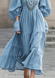 French Blue V Neck Wrinkled Cotton Maxi Dresses Spring