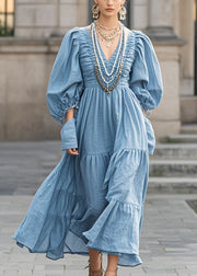 French Blue V Neck Wrinkled Cotton Maxi Dresses Fall