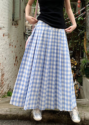 French Blue White Plaid High Waist Wrinkled Maxi Skirts Summer