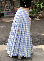 French Blue White Plaid High Waist Wrinkled Maxi Skirts Summer
