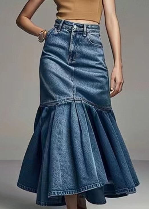 French Blue Wrinkled High Waist Denim Fishtail Skirt Summer