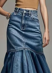 French Blue Wrinkled High Waist Denim Fishtail Skirt Summer