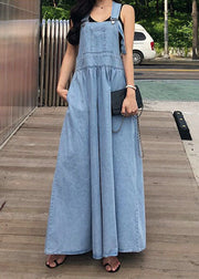 French Blue Wrinkled Patchwork Denim Long Dress Sleeveless