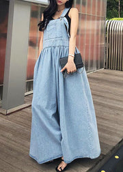 French Blue Wrinkled Patchwork Denim Long Dress Sleeveless