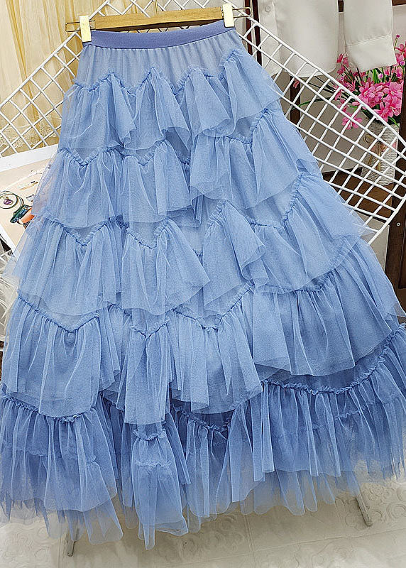 French Blue Wrinkled Patchwork Tulle Holiday Skirt Summer