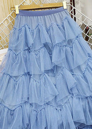 French Blue Wrinkled Patchwork Tulle Holiday Skirt Summer