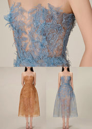 French Blue Zippered Lace Sequins Tulle Long Dress Sleeveless