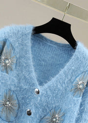 French Blue Zippered Patchwork Nail Bead Cotton Knit Sweater Winter