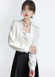 French Boutique White Satin Shirt Tops Fall