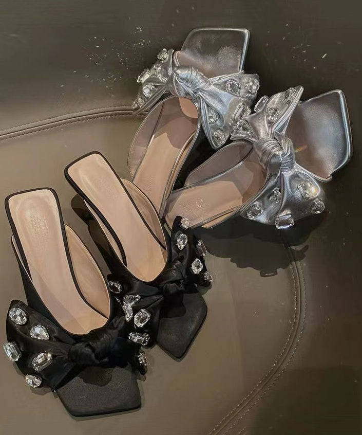 French Bow Zircon Splicing Chunky Heel Black Slide Sandals