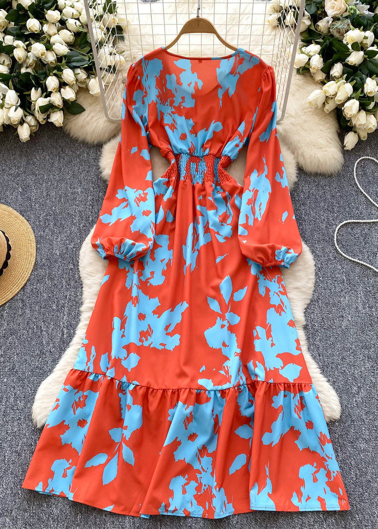 French Brick Red Elastic Waist Print Silk Maxi Dresses Spring