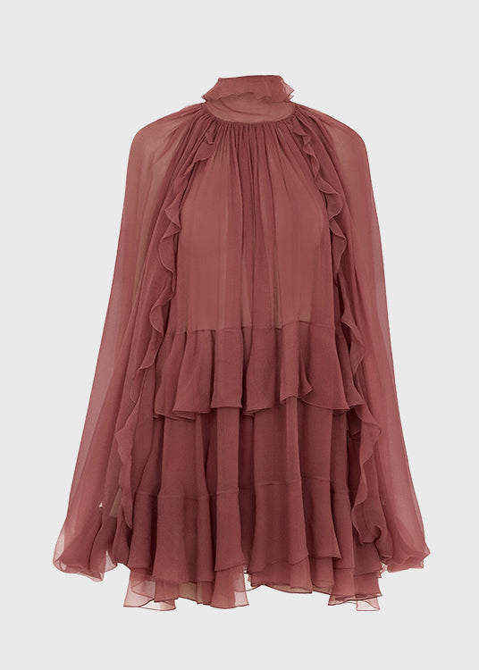 French Brick Red Ruffled Patchwork Chiffon Shirt Tops Fall