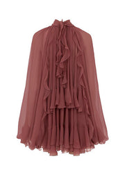 French Brick Red Ruffled Patchwork Chiffon Shirt Tops Fall