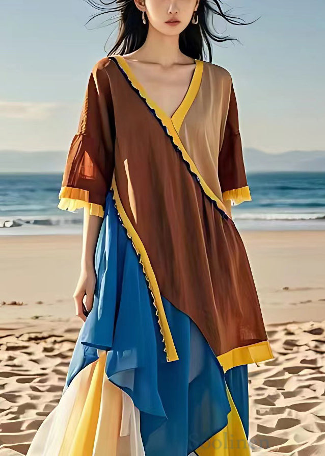 French Brown Asymmetrical Chiffon Patchwork Dress Half Sleeve