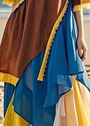 French Brown Asymmetrical Chiffon Patchwork Dress Half Sleeve