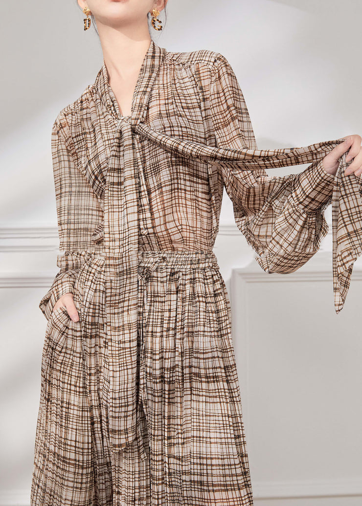 French Brown Bow Plaid Chiffon Two Piece Suit Set Fall