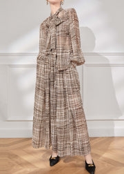 French Brown Bow Plaid Chiffon Two Piece Suit Set Fall