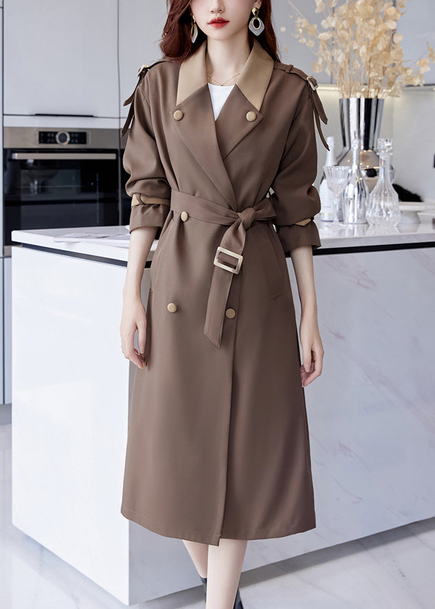 French Brown Button Tie Waist Cotton Long Trench Coat Fall