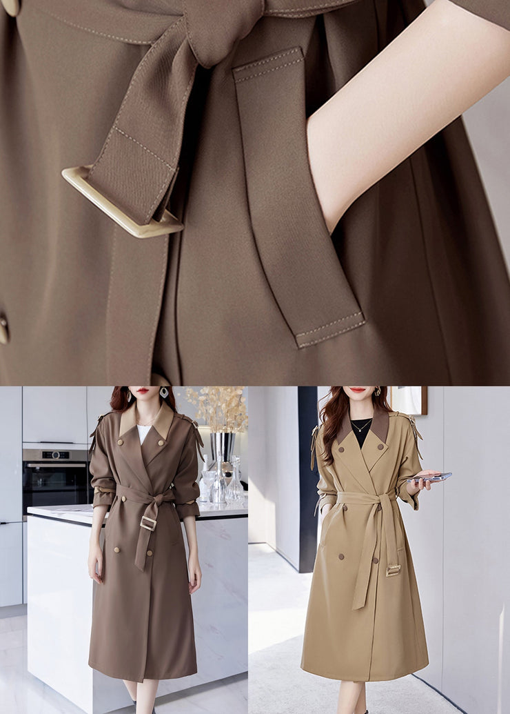 French Brown Button Tie Waist Cotton Long Trench Coat Fall