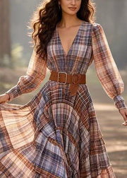 French Brown Cinched Plaid Exra Large Hem Party Dress Spring