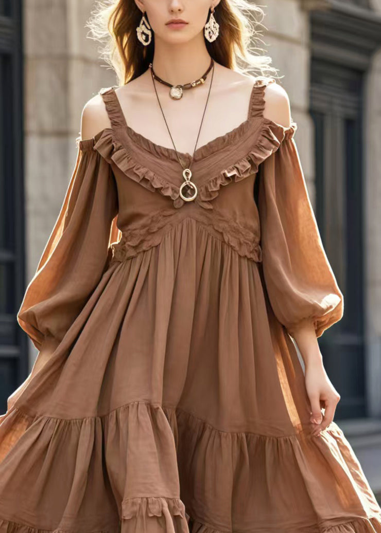 French Brown Cold Shoulder Ruffled Vacation Dresses Spring