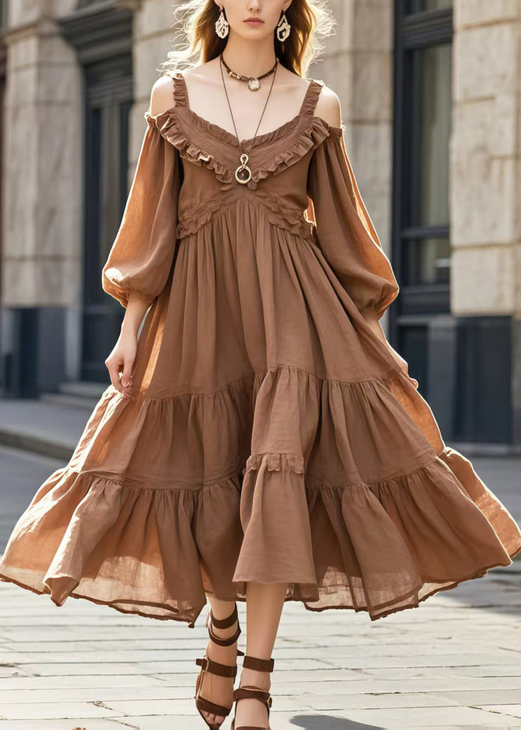 French Brown Cold Shoulder Ruffled Vacation Dresses Spring