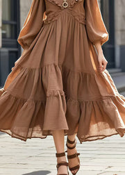 French Brown Cold Shoulder Ruffled Vacation Dresses Spring