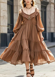 French Brown Cold Shoulder Ruffled Vacation Dresses Spring