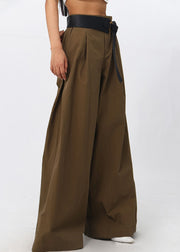 French Brown High Waist Patchwork Cotton Wide Leg Pants Spring