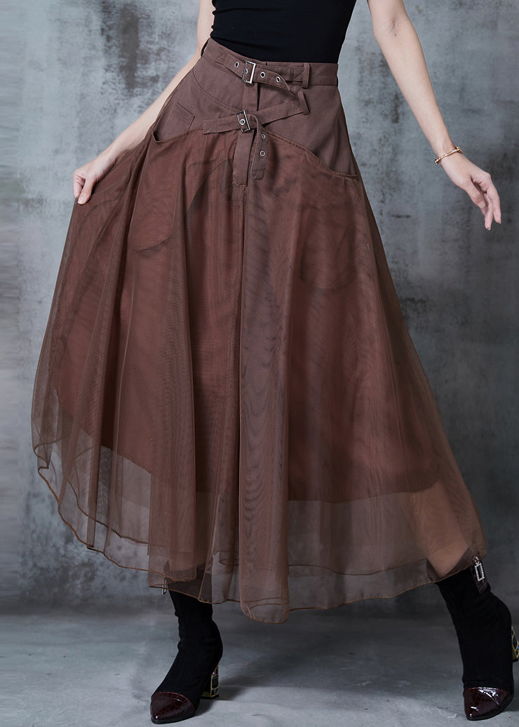 French Brown High Waist Patchwork Tulle Holiday Skirts Fall