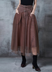 French Brown High Waist Patchwork Tulle Holiday Skirts Fall