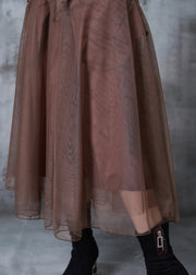 French Brown High Waist Patchwork Tulle Holiday Skirts Fall