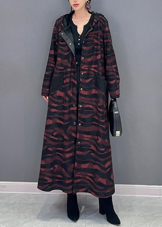 French Brown Hooded Print Button Cotton Long Trench Coat Fall