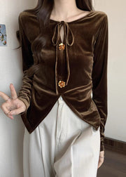 French Brown Lace Up Front Open Silk Velour Shirts Spring