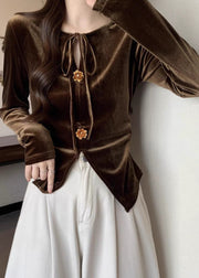 French Brown Lace Up Front Open Silk Velour Shirts Winter