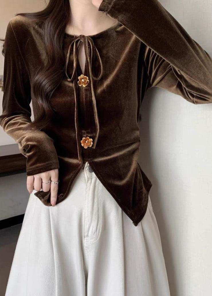 French Brown Lace Up Front Open Silk Velour Shirts Spring