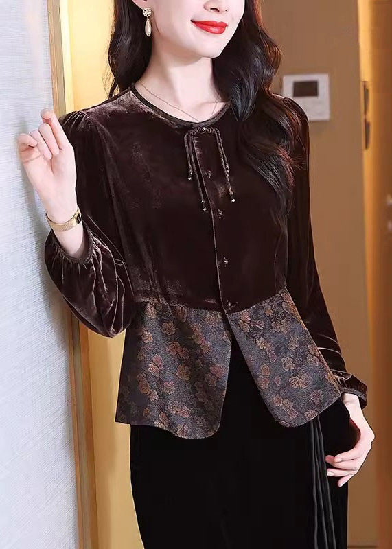 French Brown O Neck Button Patchwork Silk Velour Shirt Spring