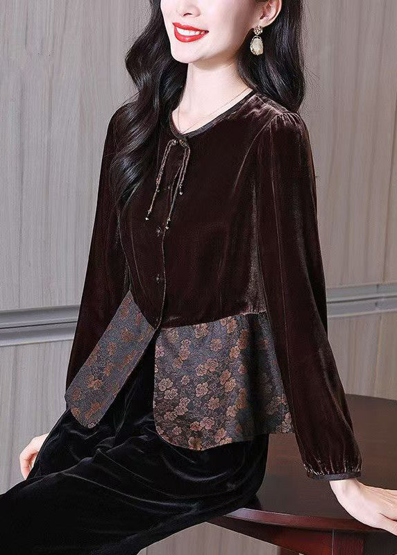 French Brown O Neck Button Patchwork Silk Velour Shirt Spring