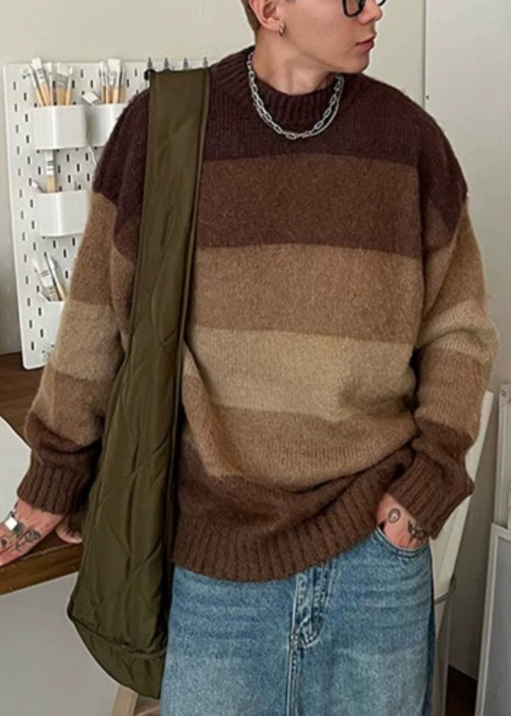 French Brown O Neck Striped Knit Men Sweaters Spring